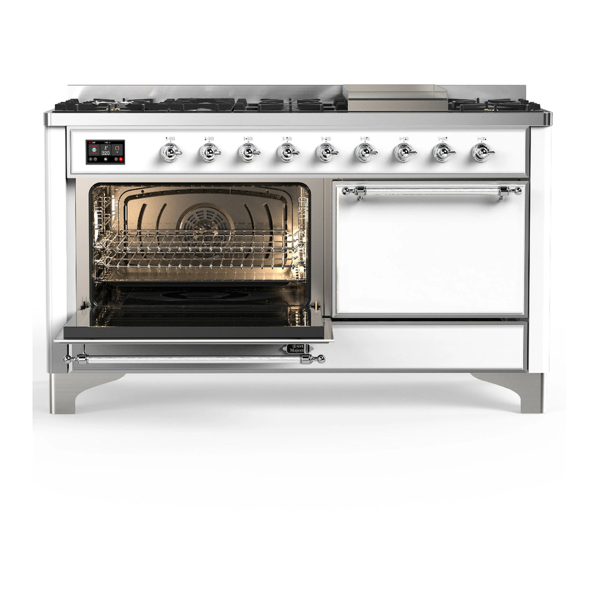 White dual fuel range with oven door open and baking rack inside
