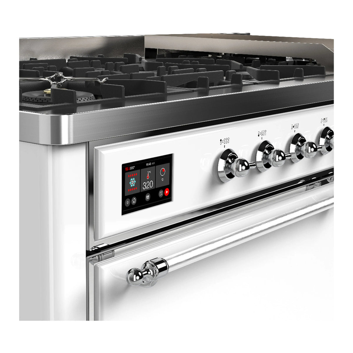Dual fuel range control panel with digital display, chrome knobs, and metal control bar