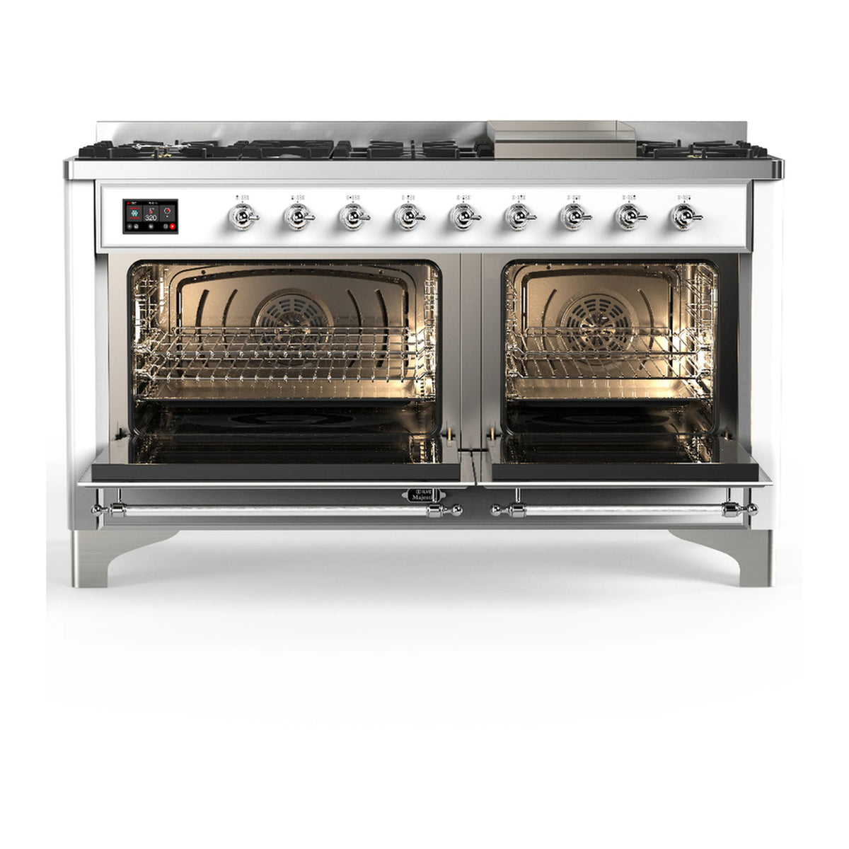 White dual fuel range with both oven doors open, showing racks inside the oven