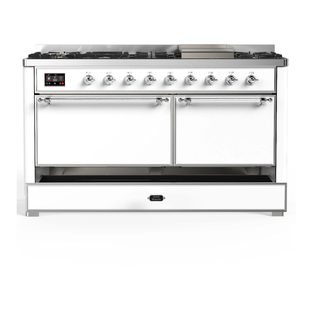 White dual fuel range with both oven doors closed, chrome handles, and front control area