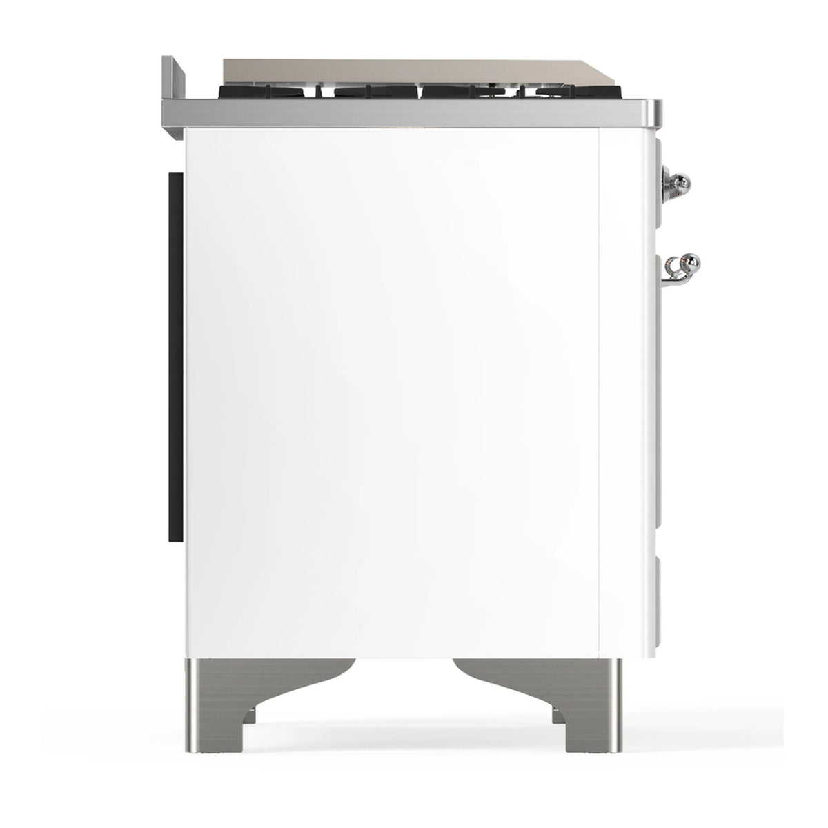 Side view of a white dual fuel range with chrome-trim legs and black side opening