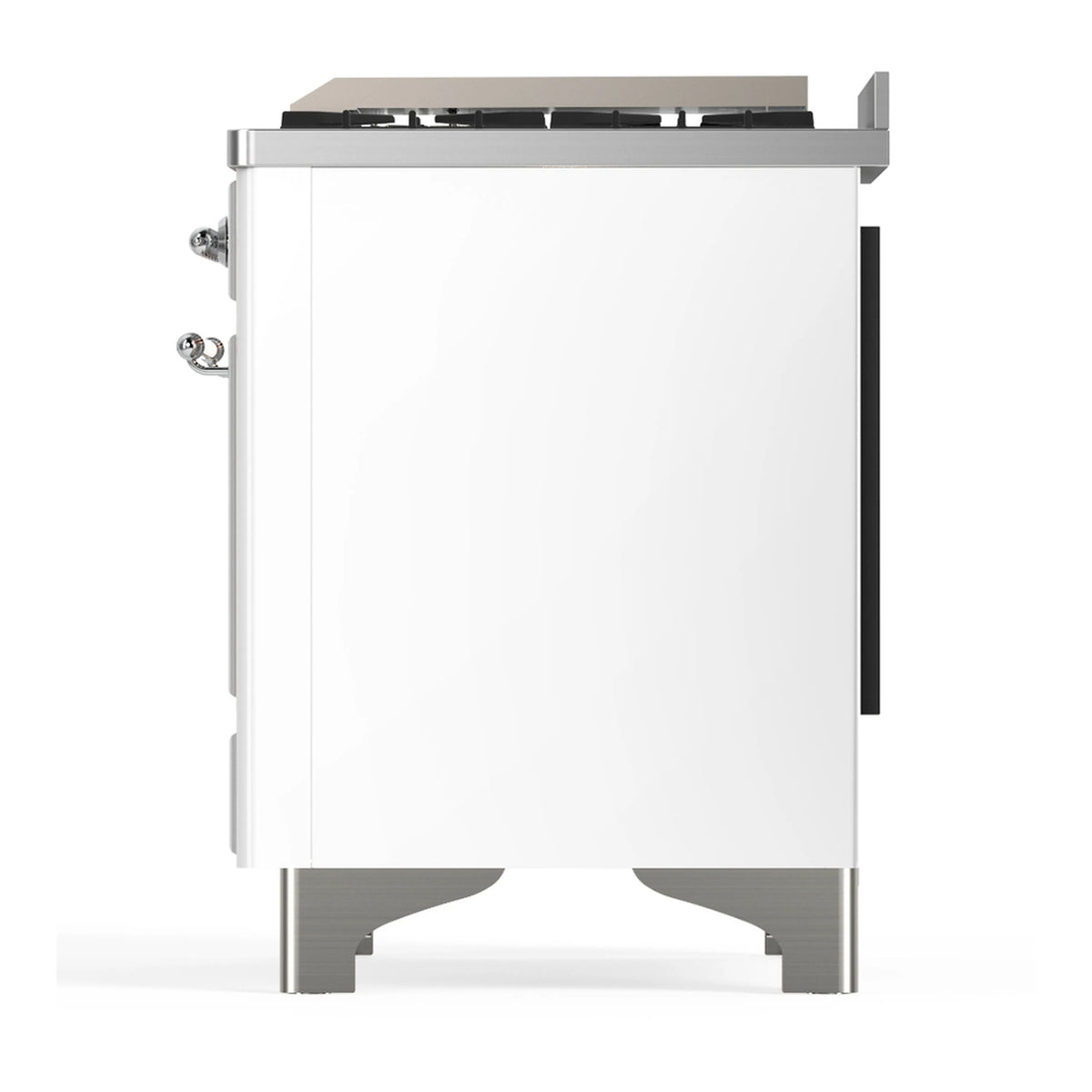 Opposite side view of a white dual fuel range with chrome trim and side control knobs