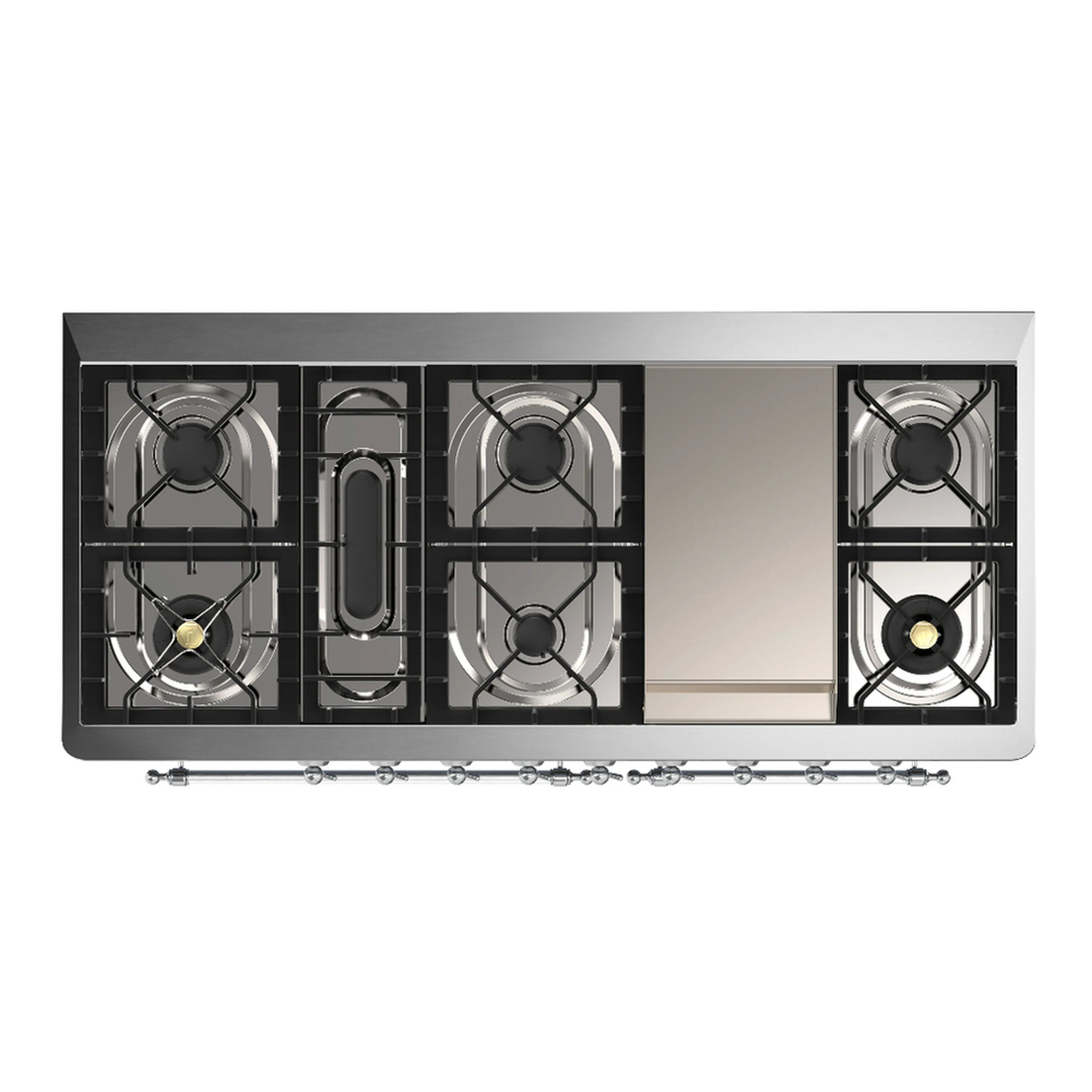 Top grates and burners on a white dual fuel range cooktop with chrome edging