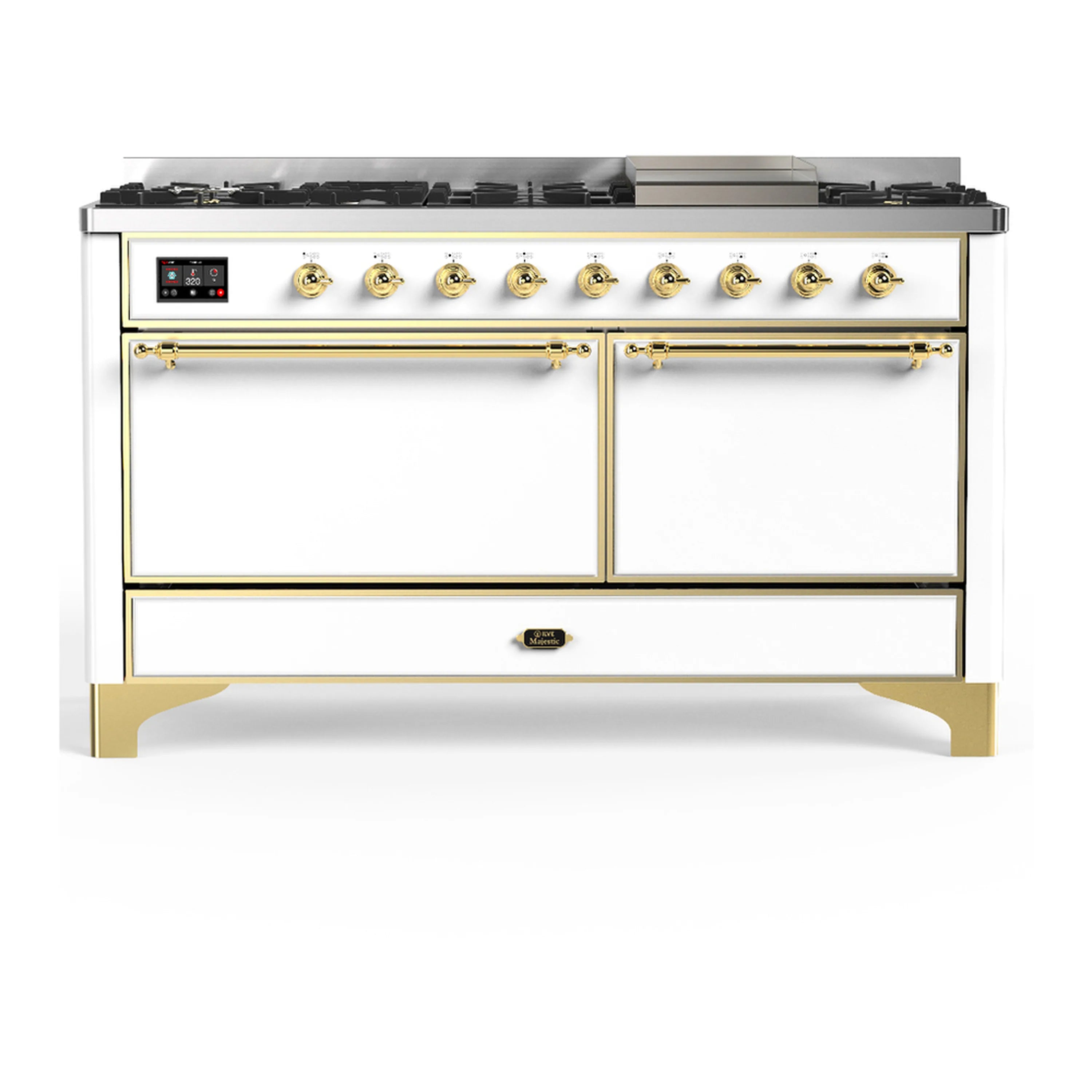 White dual-fuel range with brass trim, griddle, and solid-door electric oven