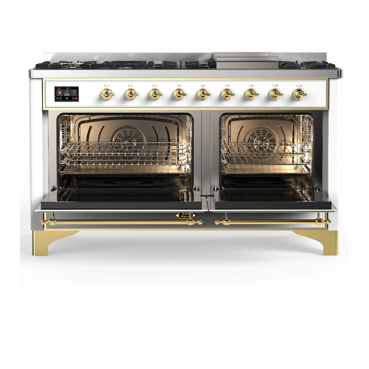 White dual-fuel range with brass trim and open electric oven doors showing racks