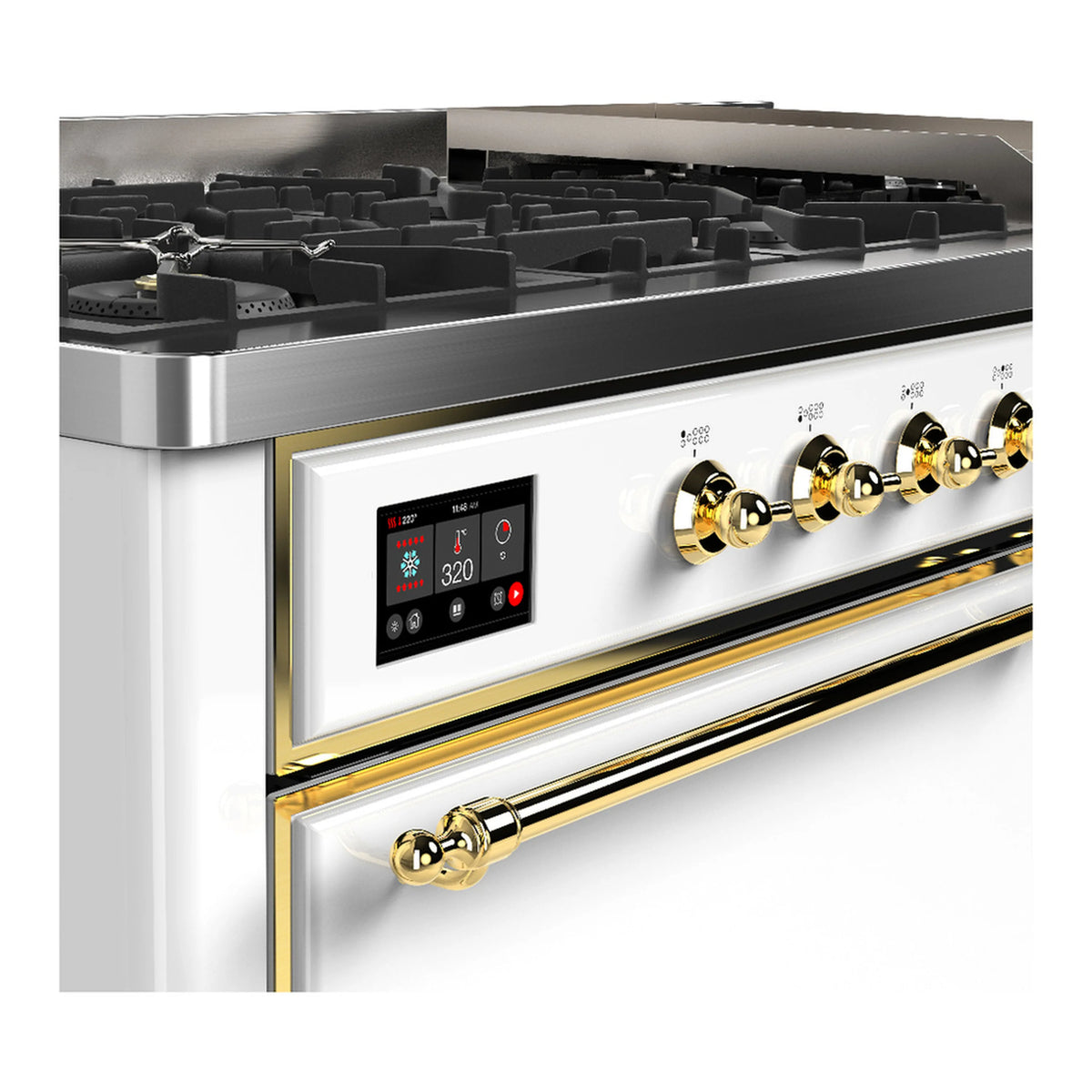 ILVE dual fuel range control panel with brass knobs and digital display