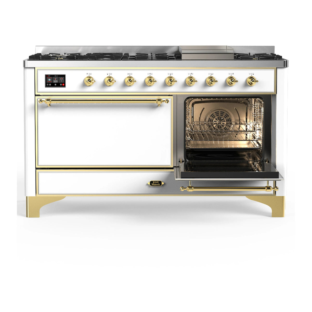 ILVE dual fuel range with one oven door open and visible oven rack