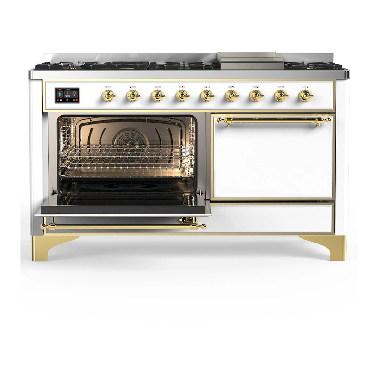 ILVE dual fuel range with open oven door and closed side compartment door