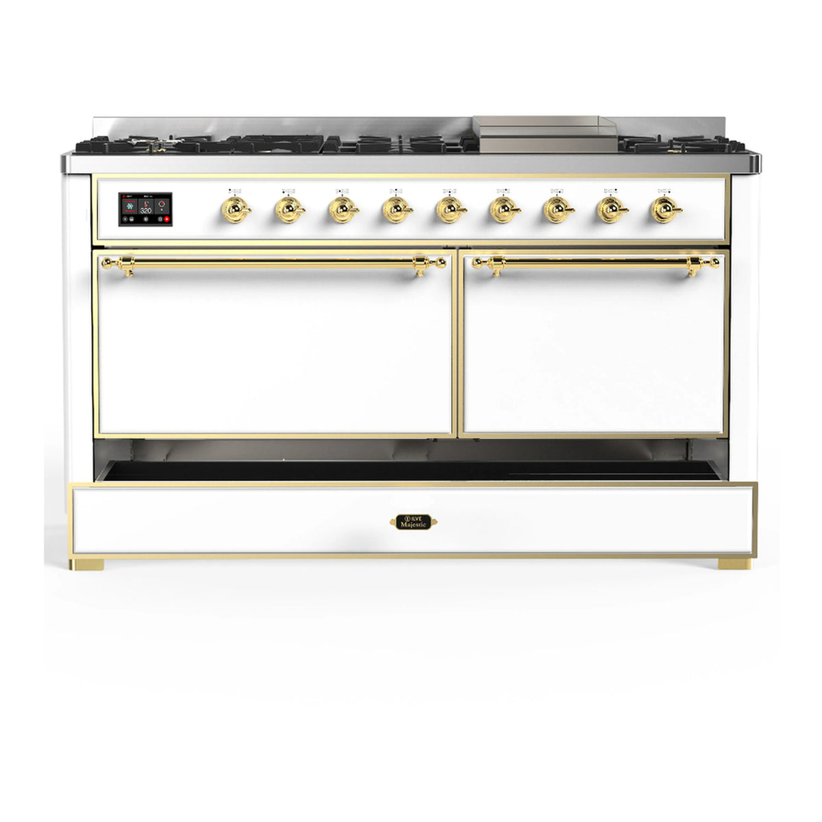 ILVE dual fuel range with two closed doors and a front storage drawer