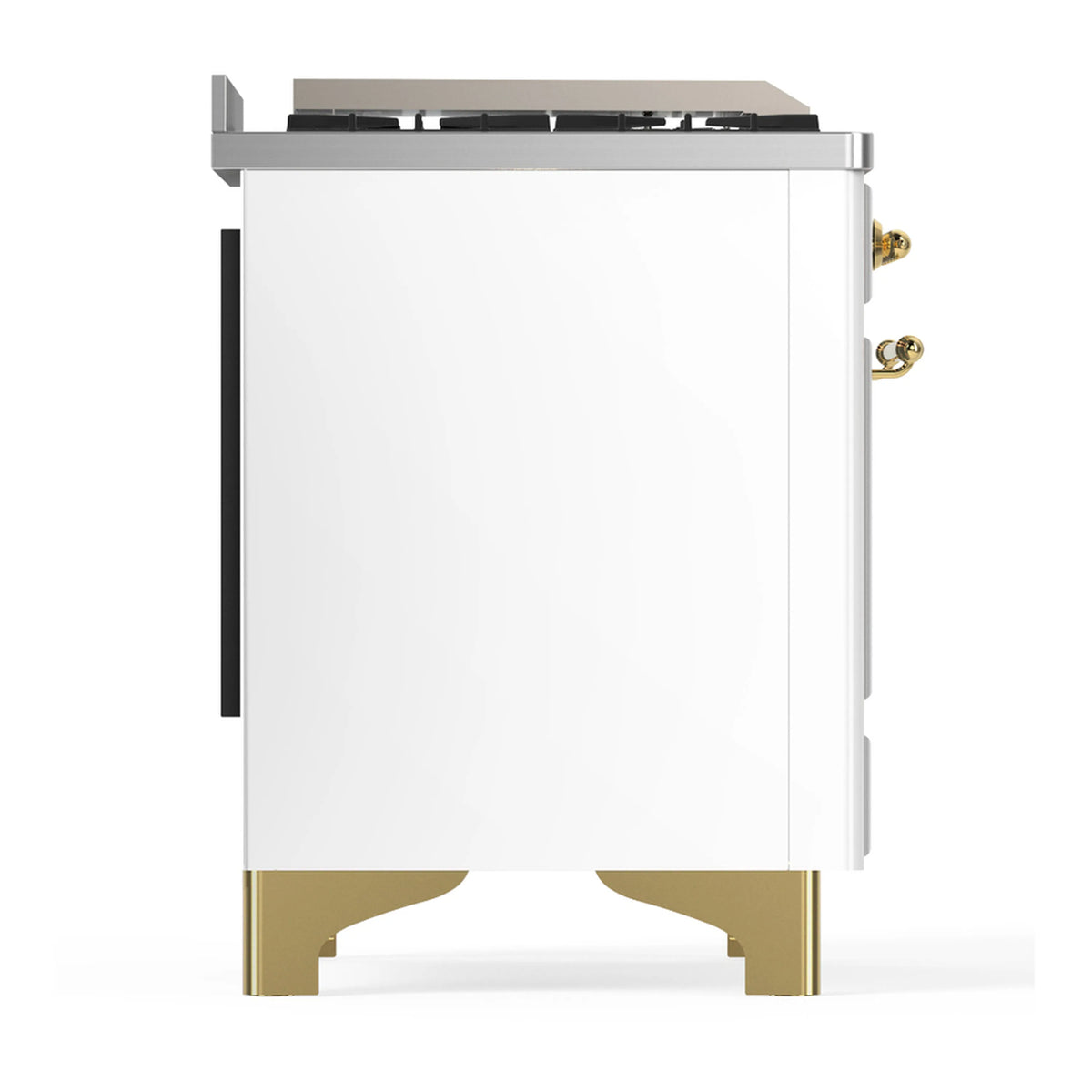 White ILVE dual fuel range side view with brass-finished feet and black side panel