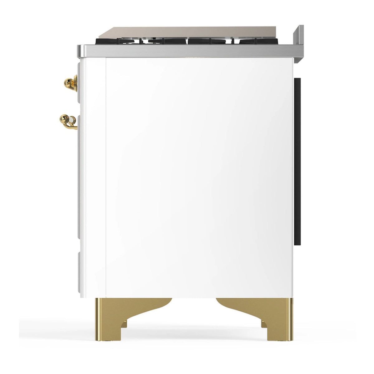 White ILVE dual fuel range side view with brass side handle and black trim