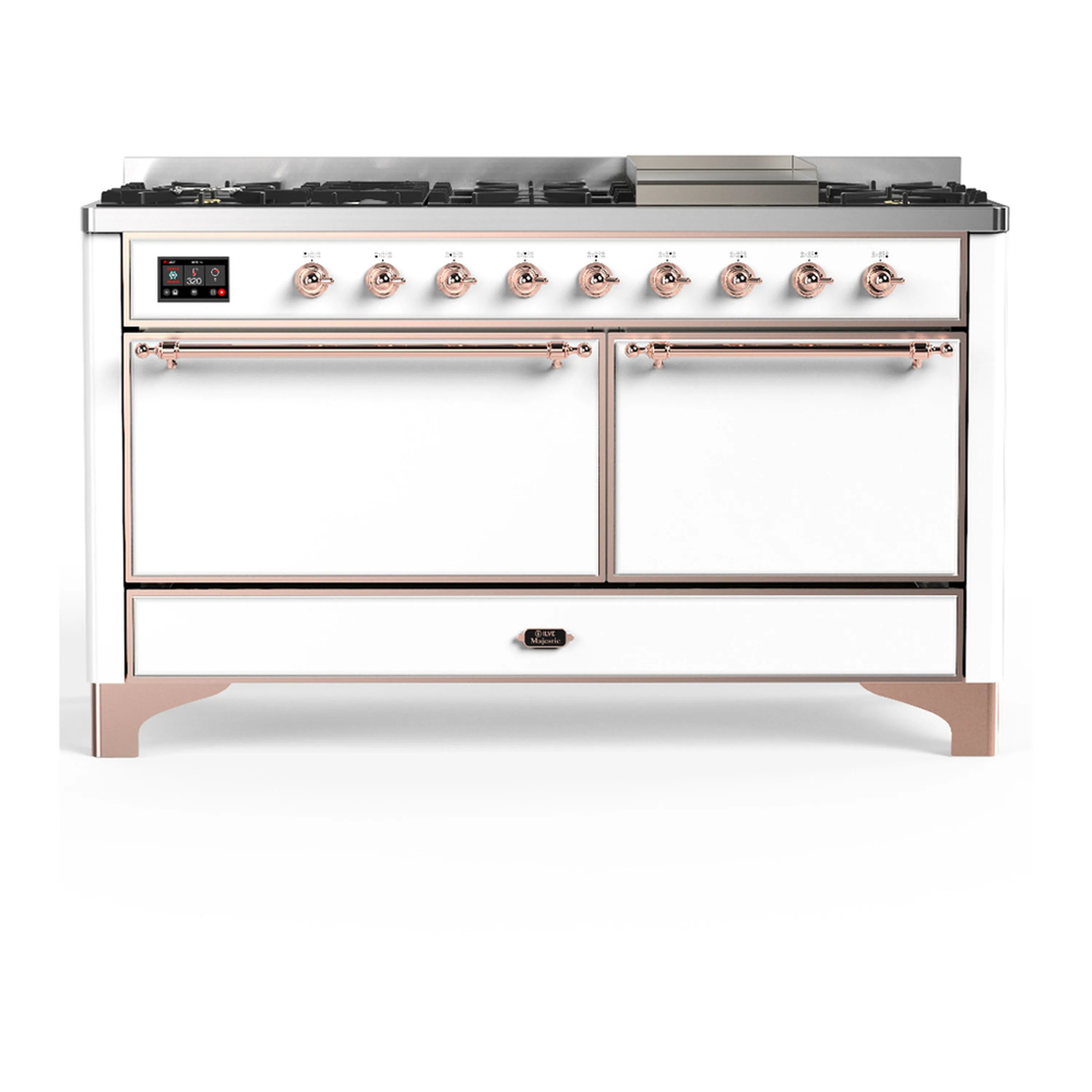 White dual-fuel range with copper trim, front burners, griddle, and solid oven doors