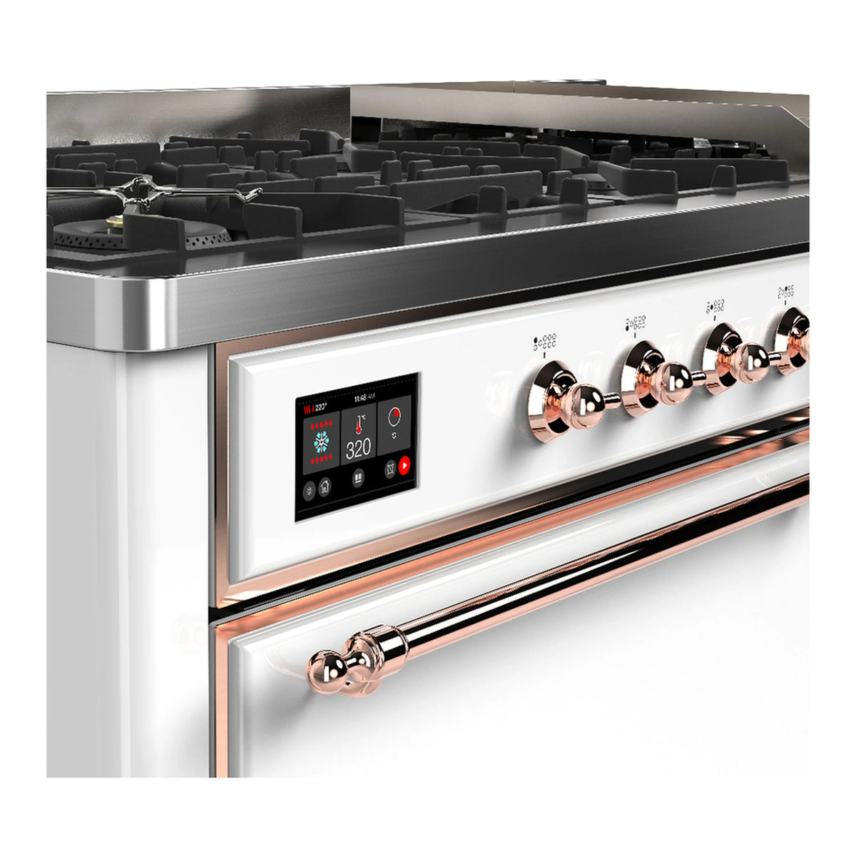 White dual-fuel range control panel with digital display and copper knobs