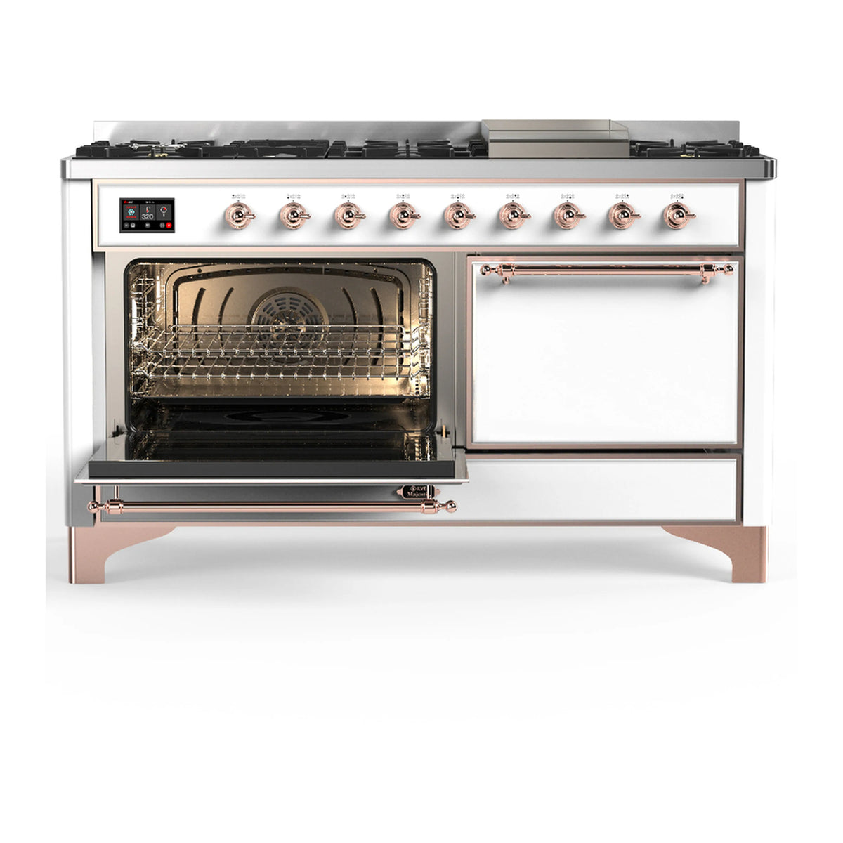 White dual-fuel range with griddle and oven door open, showing oven racks