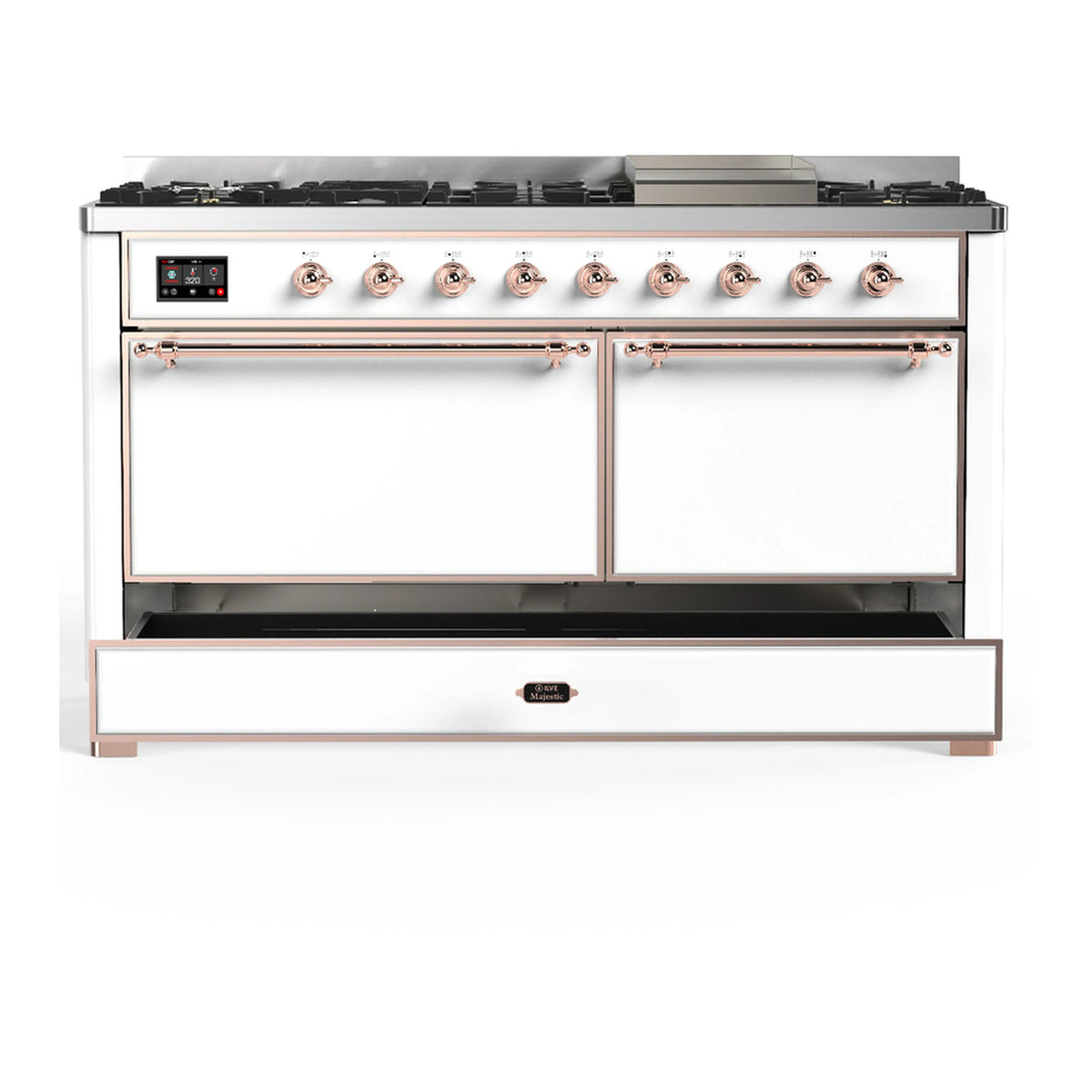 White dual-fuel range front with control panel, burners, and closed lower drawer