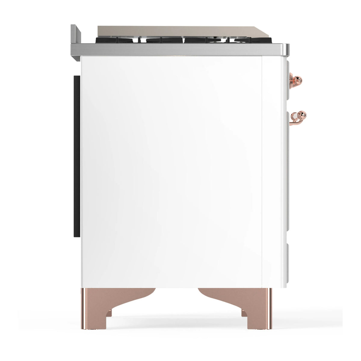 White dual-fuel range side view with copper trim and black side handle
