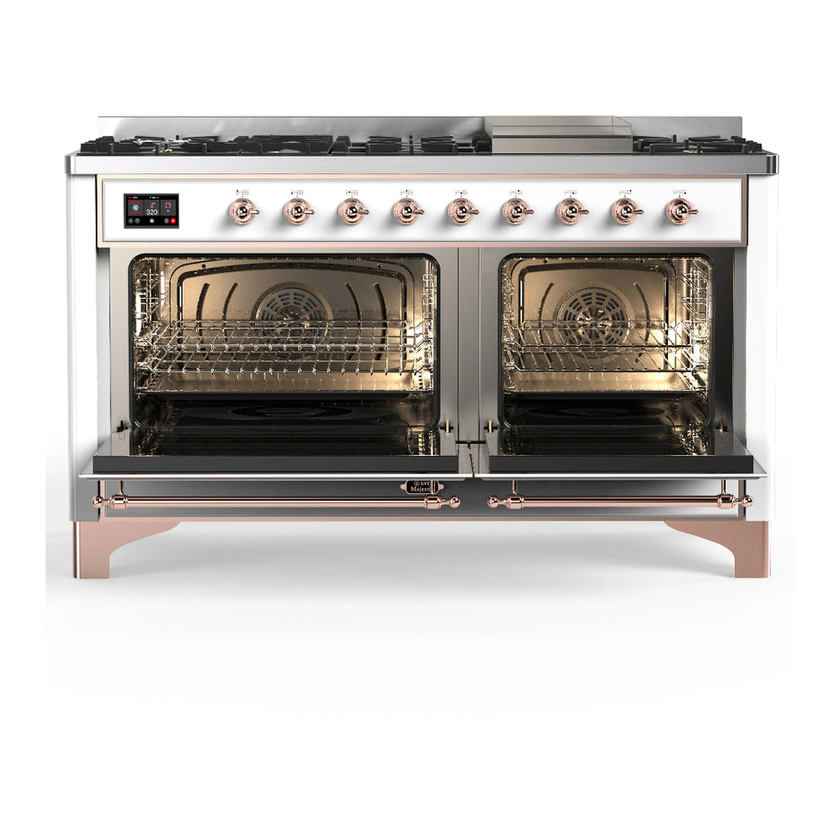 Dual fuel range with open oven doors, interior racks and back heating fan visible