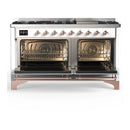 ILVE Majestic III 60-inch Dual Fuel Range with 7 Natural Gas Burner, Griddle and Solid Door Electric Oven in White with Copper Trim (UM60FQNR3WHP)