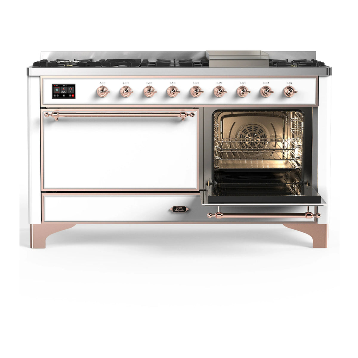 Dual fuel range with one oven door open, copper handle and interior racks visible