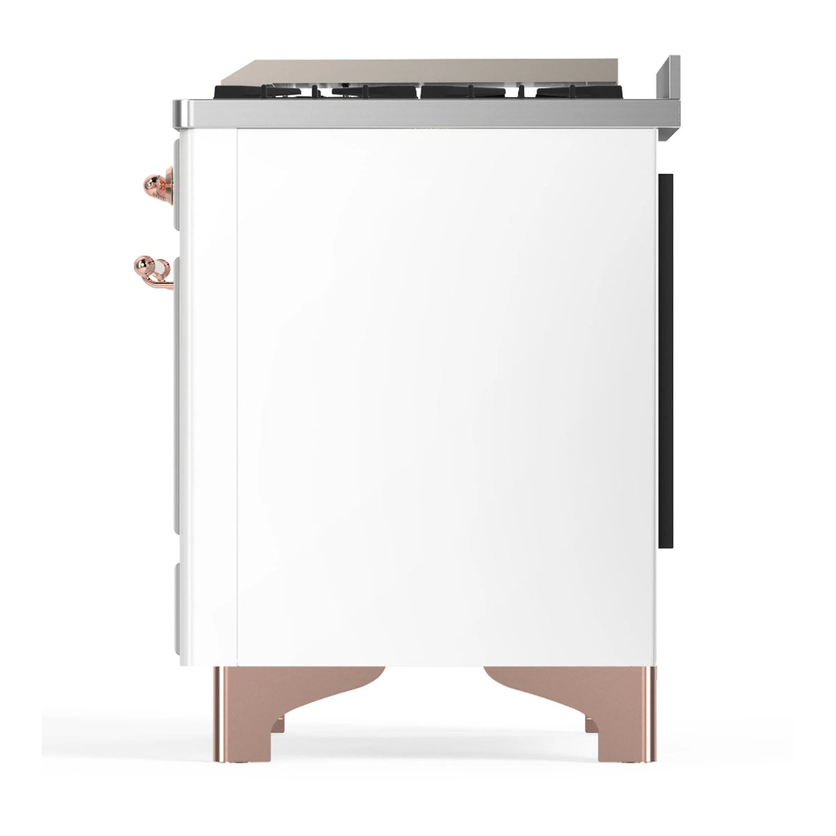 White dual fuel range side profile with black vent strip and copper corner trim