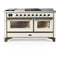 ILVE Majestic III 60-inch Dual Fuel Range with 5 Liquid Propane Burner, Griddle, French Top and Triple Glass Door Electric Oven in Antique White with Burnished Trim (UM60FSNR3AWBLP)