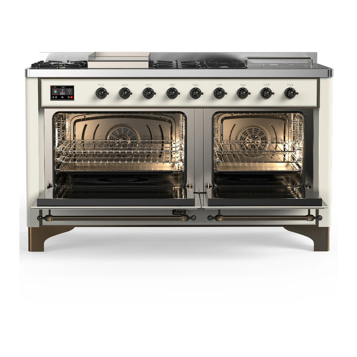 Antique white dual fuel range with dual oven windows and front control knobs