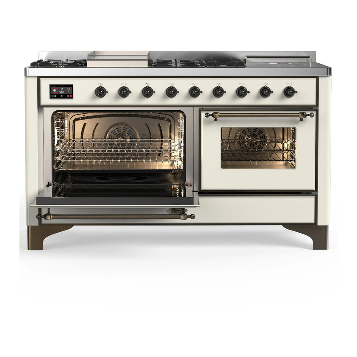 Antique white dual fuel range with left oven open, right oven closed, front knobs
