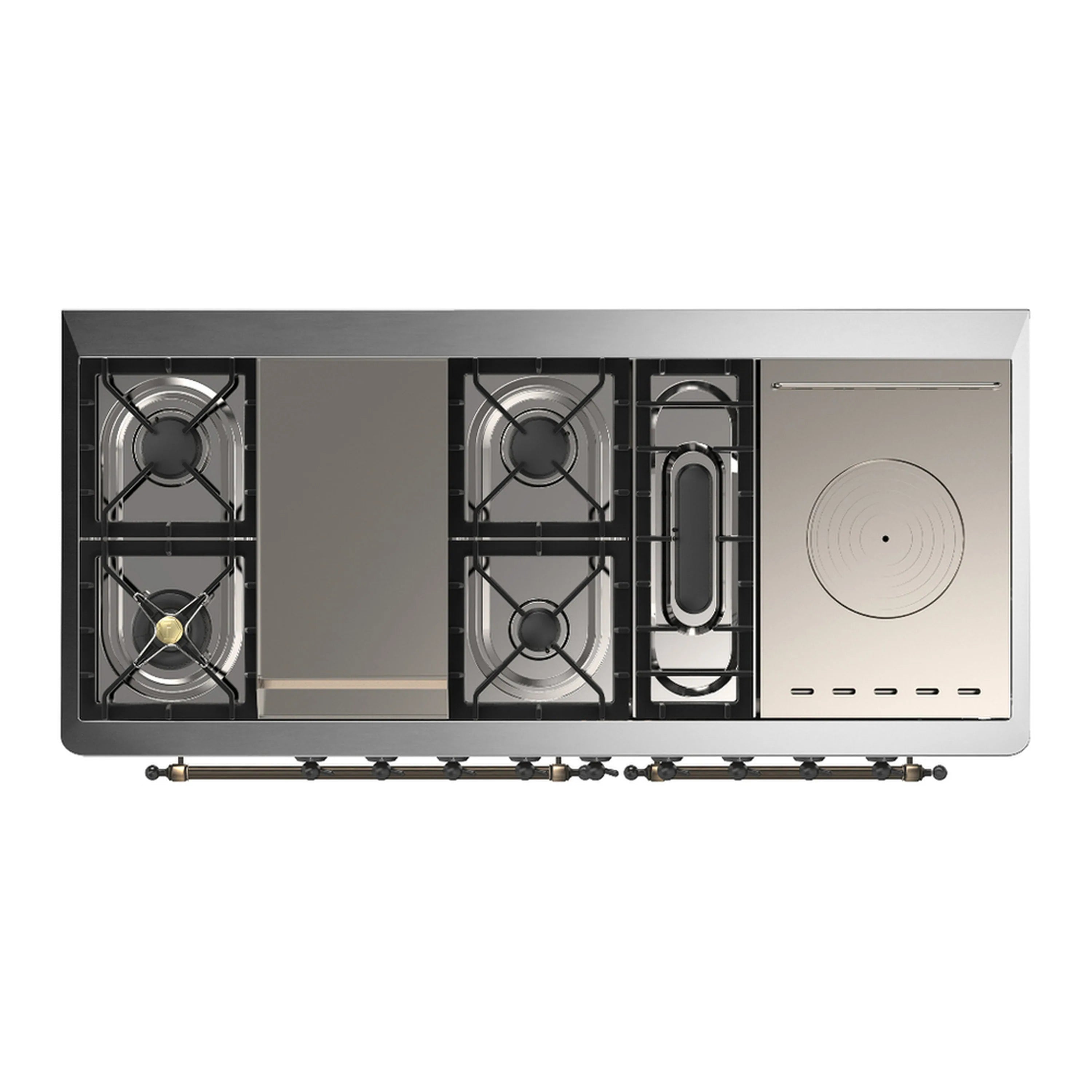 Dual fuel range cooktop interior with two burner grates and round electric element, top view