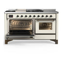 ILVE Majestic III 60-inch Dual Fuel Range with 7 Natural Gas Burner, Griddle, French Top and Triple Glass Door Electric Oven in Antique White with Burnished Trim (UM60FSNR3AWB)