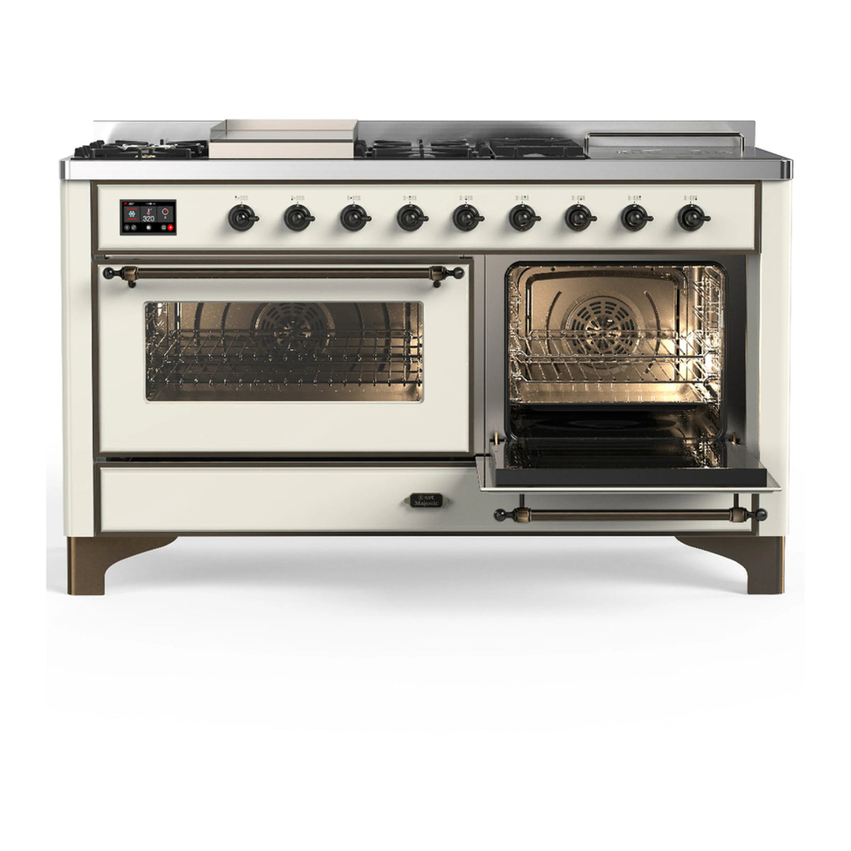 Antique white dual fuel range with French top and griddle; left and right oven doors