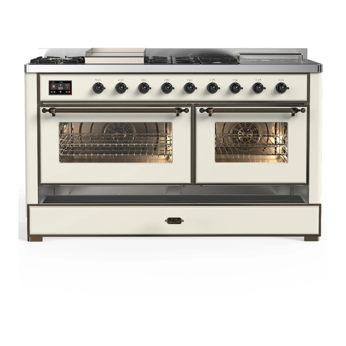 Antique white dual fuel range with griddle and French top; both ovens and controls