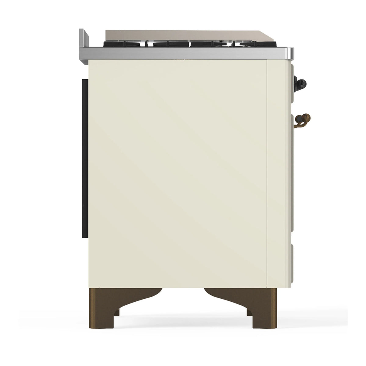 Antique white dual fuel range side view with burnished trim and protective door