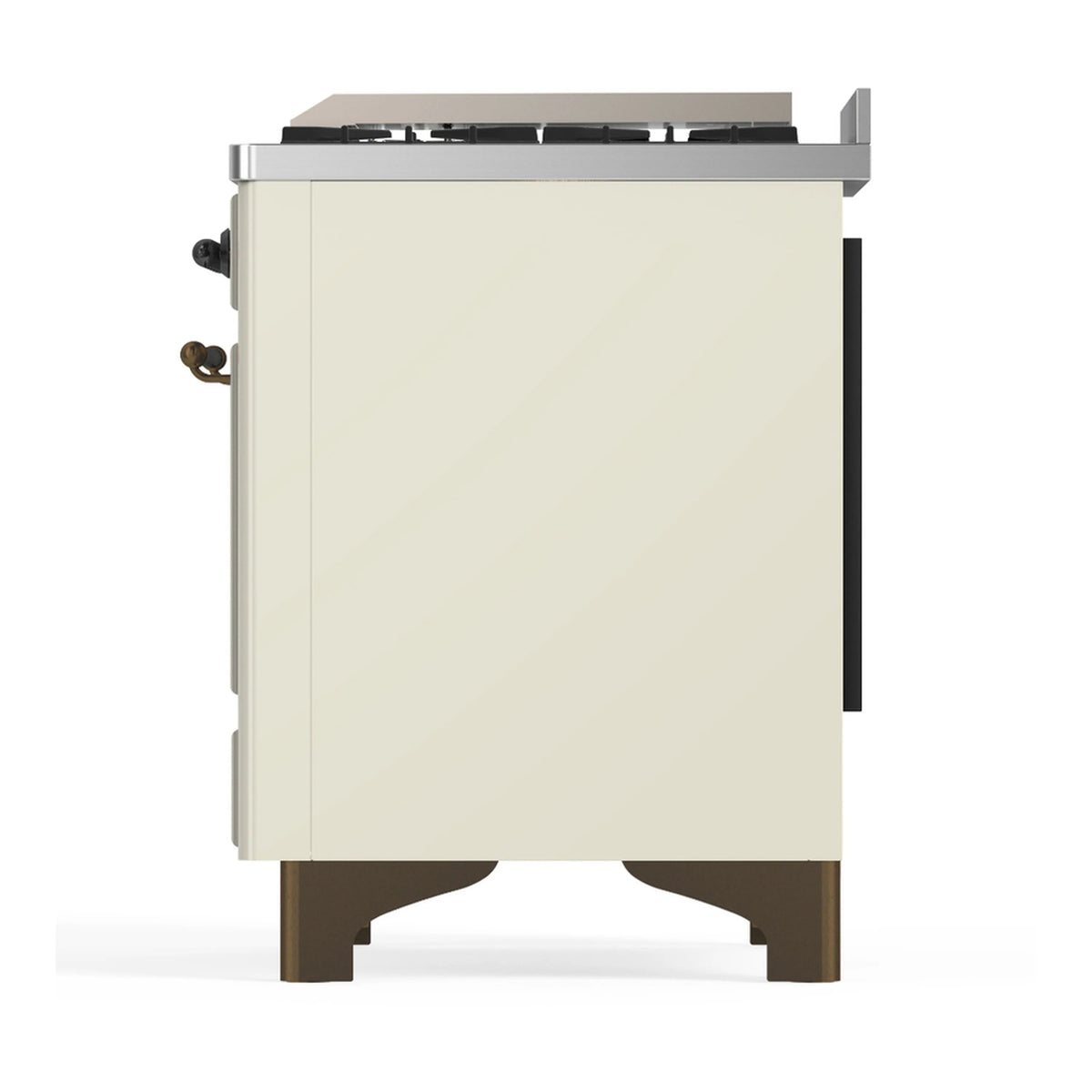 Antique white dual fuel range rear side view with burnished trim and access panel
