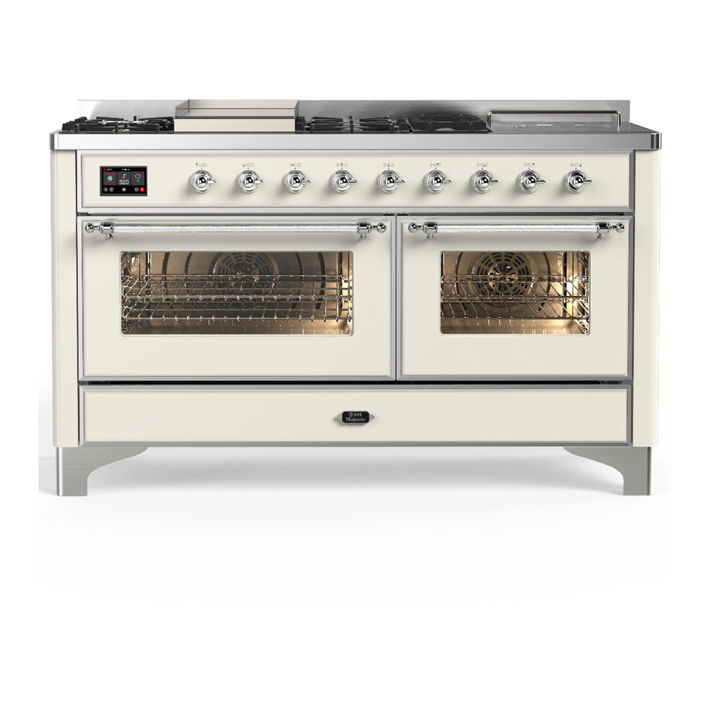 Antique white dual fuel range with chrome trim, two closed oven doors, and control knobs