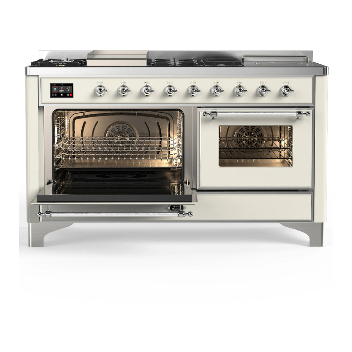Antique white dual fuel range with chrome trim, left oven door open and right door closed