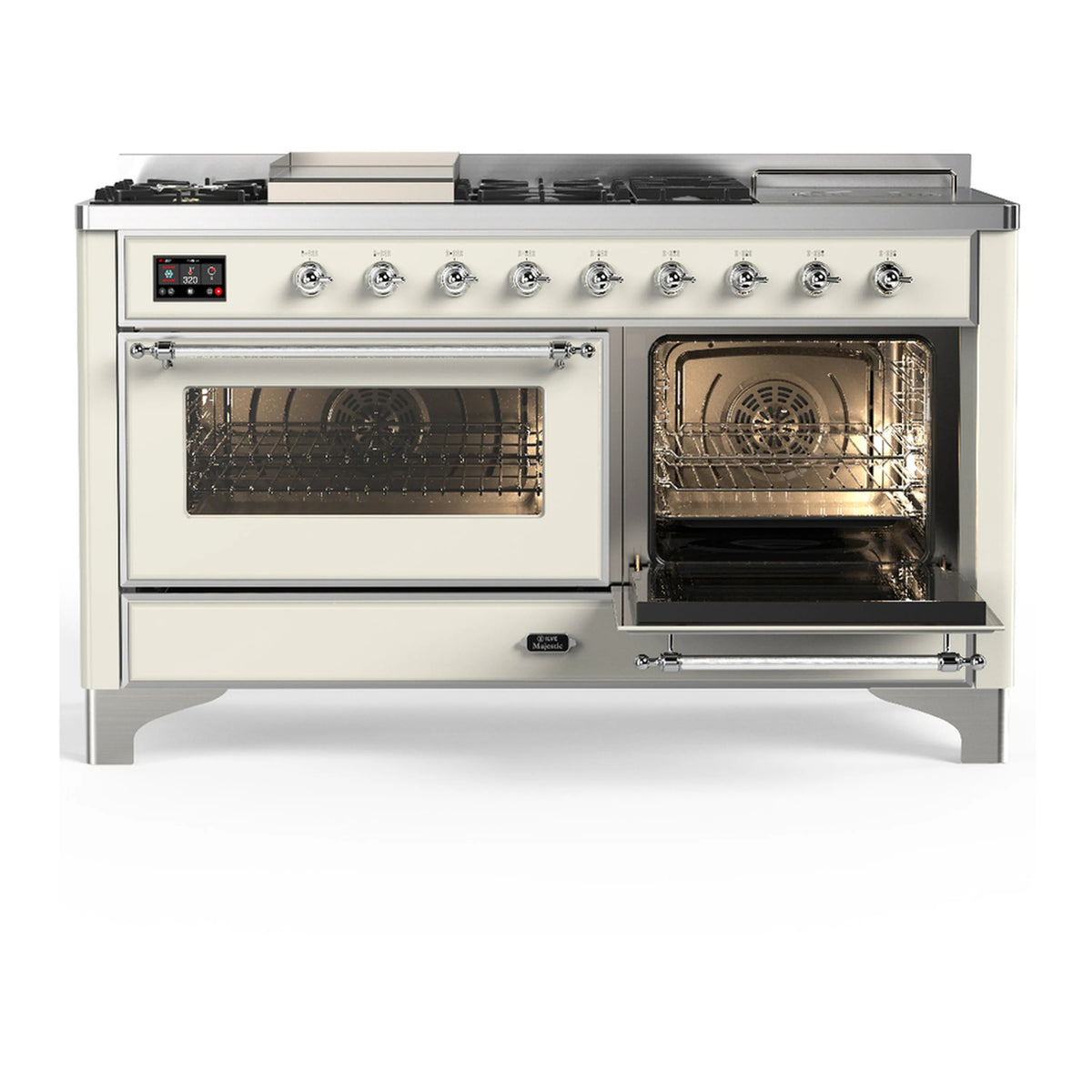Antique white dual fuel range with chrome trim, two ovens with glass doors and front handle
