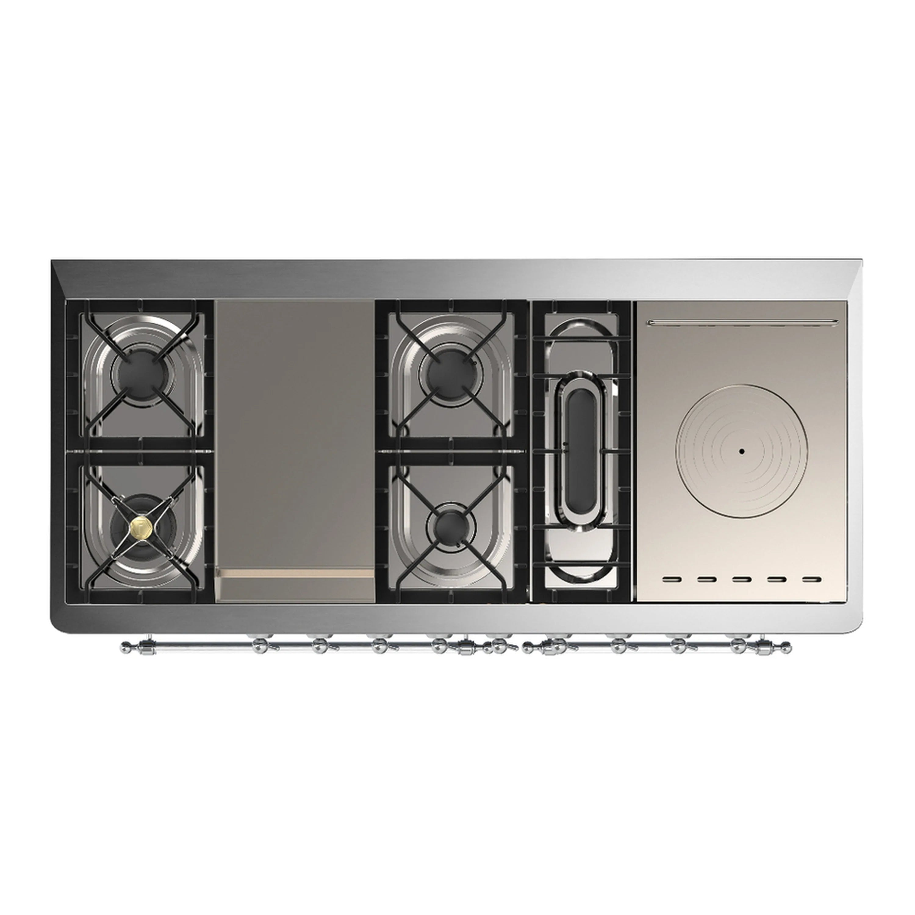 Underside view of dual fuel range showing burner grates and oven cavity panel in antique white