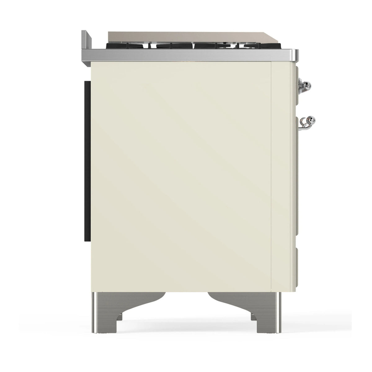 Antique white dual fuel range side panel with chrome feet and rear overhang