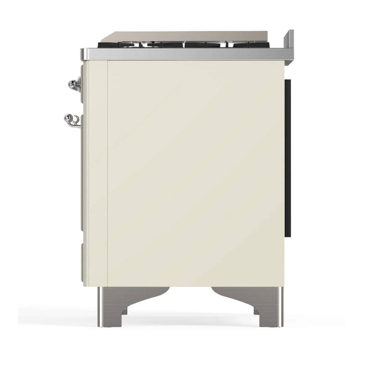 Antique white dual fuel range back corner view with chrome trim and side burner cover
