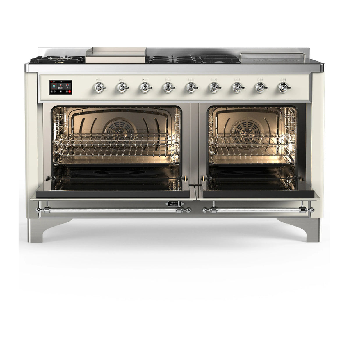 Antique white dual fuel range with chrome trim, both oven doors open with metal racks