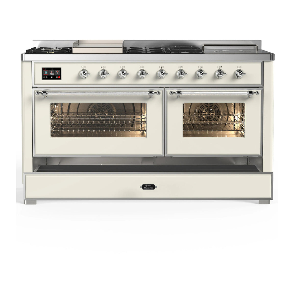 Antique white dual fuel range with chrome trim, both ovens open with baking racks