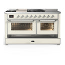 ILVE Majestic III 60-inch Dual Fuel Range with 7 Natural Gas Burner, Griddle, French Top and Triple Glass Door Electric Oven in Antique White with Chrome Trim (UM60FSNR3AWC)