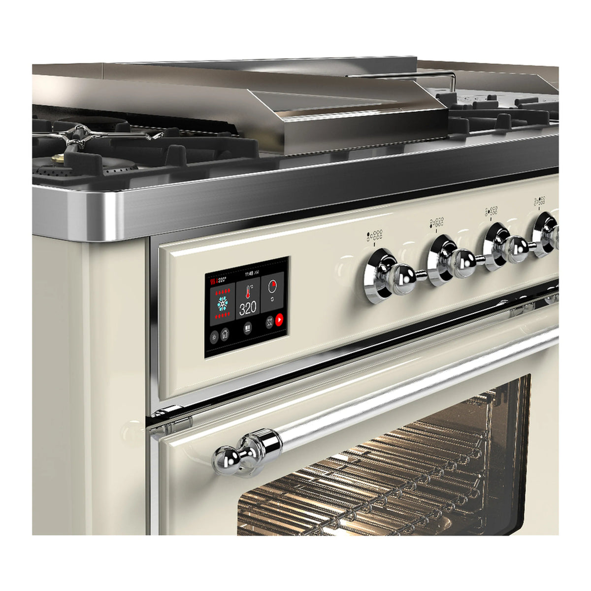 Antique white dual fuel range with chrome trim, control panel and open oven with rack
