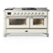 ILVE Majestic III 60-inch Dual Fuel Range with 7 Natural Gas Burner, Griddle, French Top and Triple Glass Door Electric Oven in Antique White with Chrome Trim (UM60FSNR3AWC)