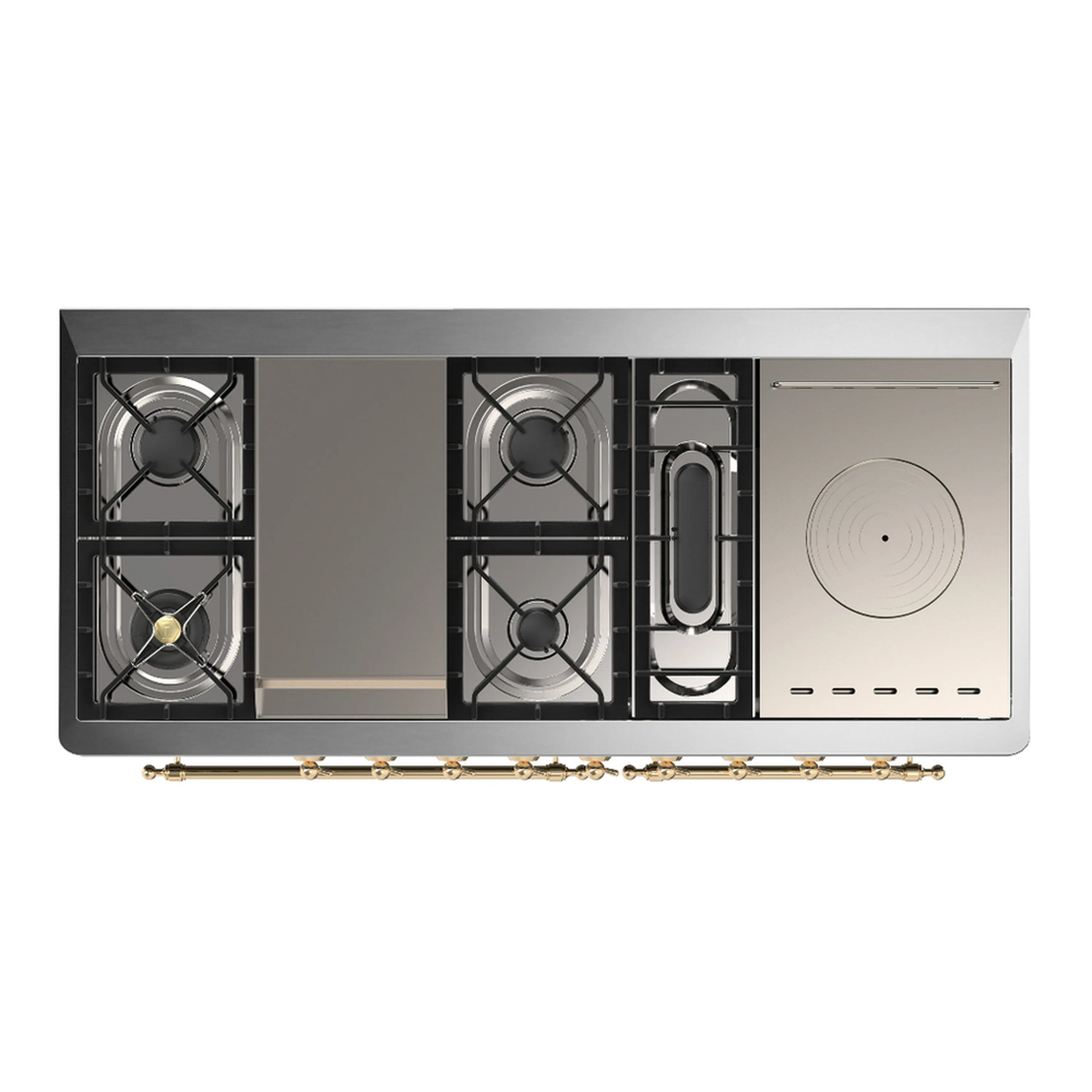 Range underside view with three burners and brass manifold, antique white