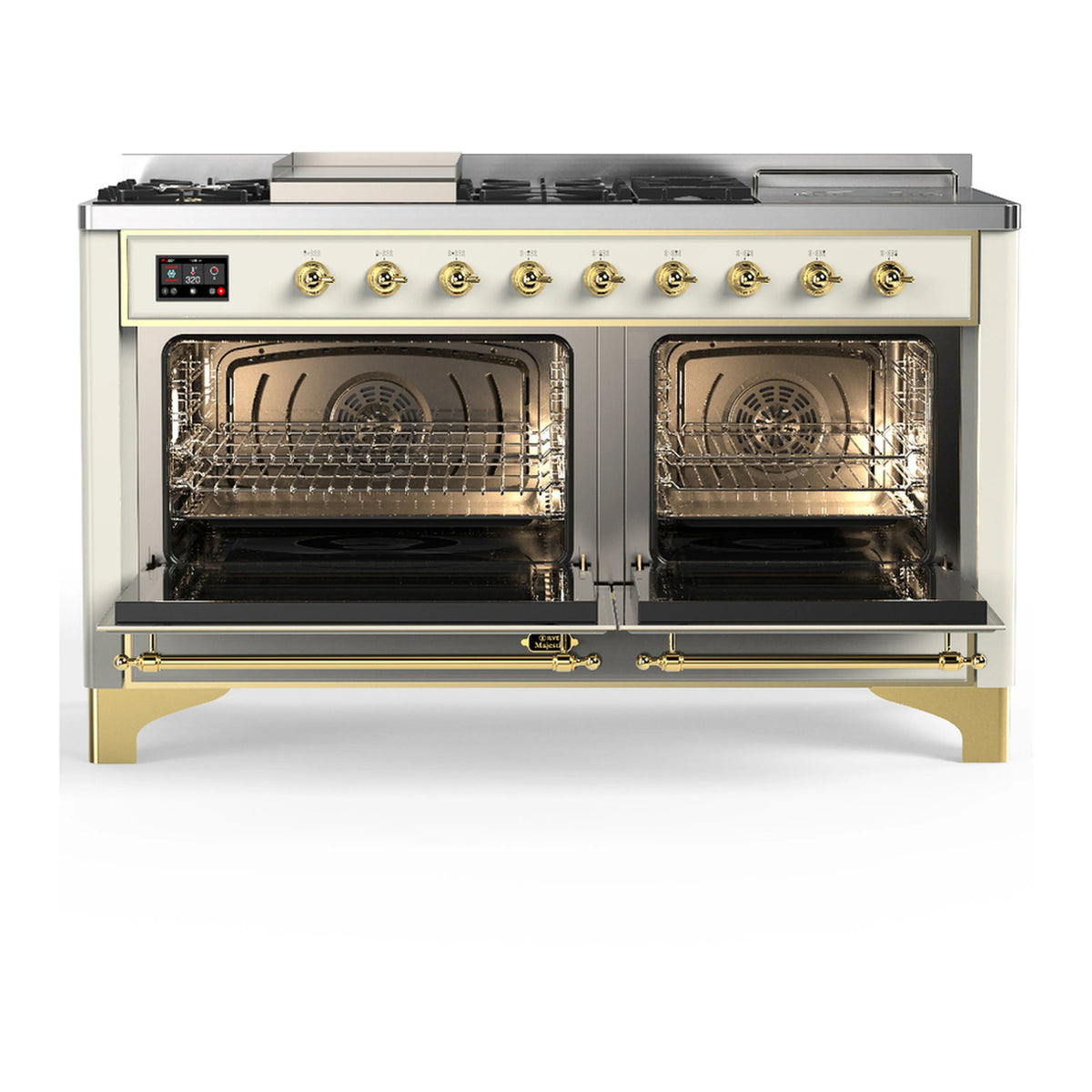 Antique white dual fuel range with brass trim; both ovens open with wire racks inside