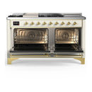 ILVE Majestic III 60-inch Dual Fuel Range with 7 Natural Gas Burner, Griddle, French Top and Triple Glass Door Electric Oven in Antique White with Brass Trim (UM60FSNR3AWG)