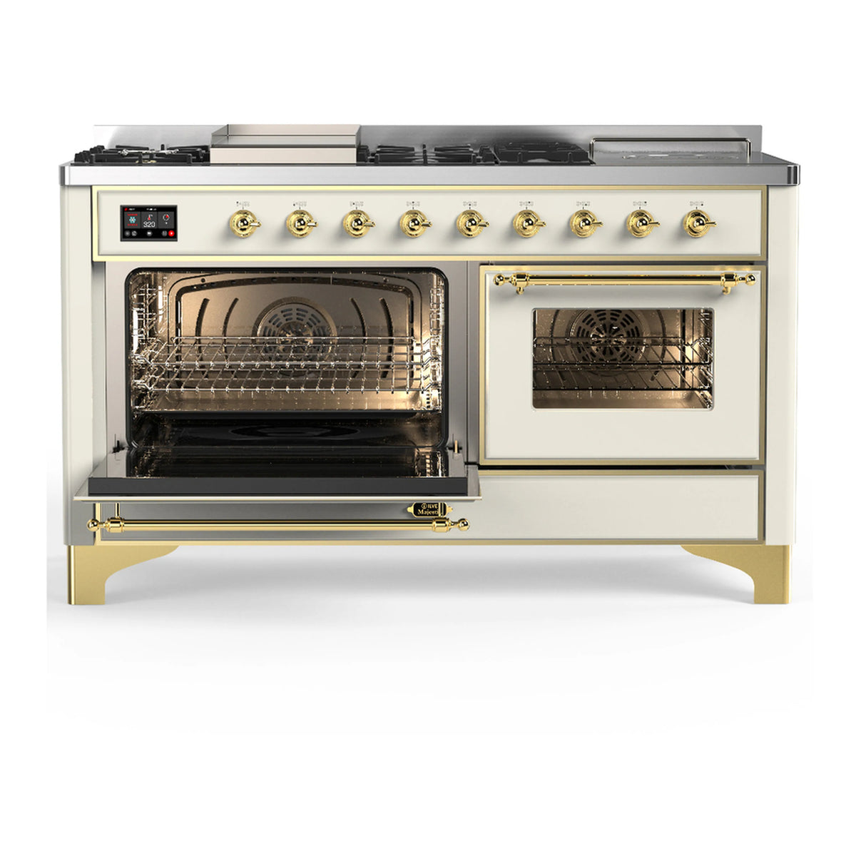 Antique white dual fuel range with brass trim; left oven open and right oven window visible