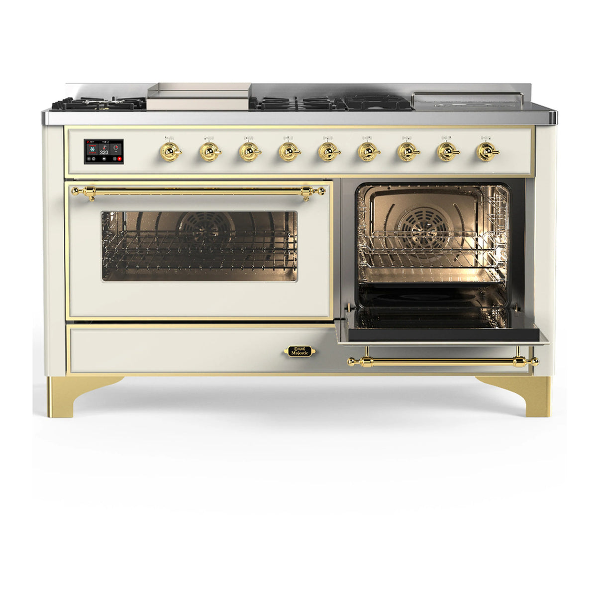Antique white dual fuel range with brass trim; two closed oven doors with glass windows