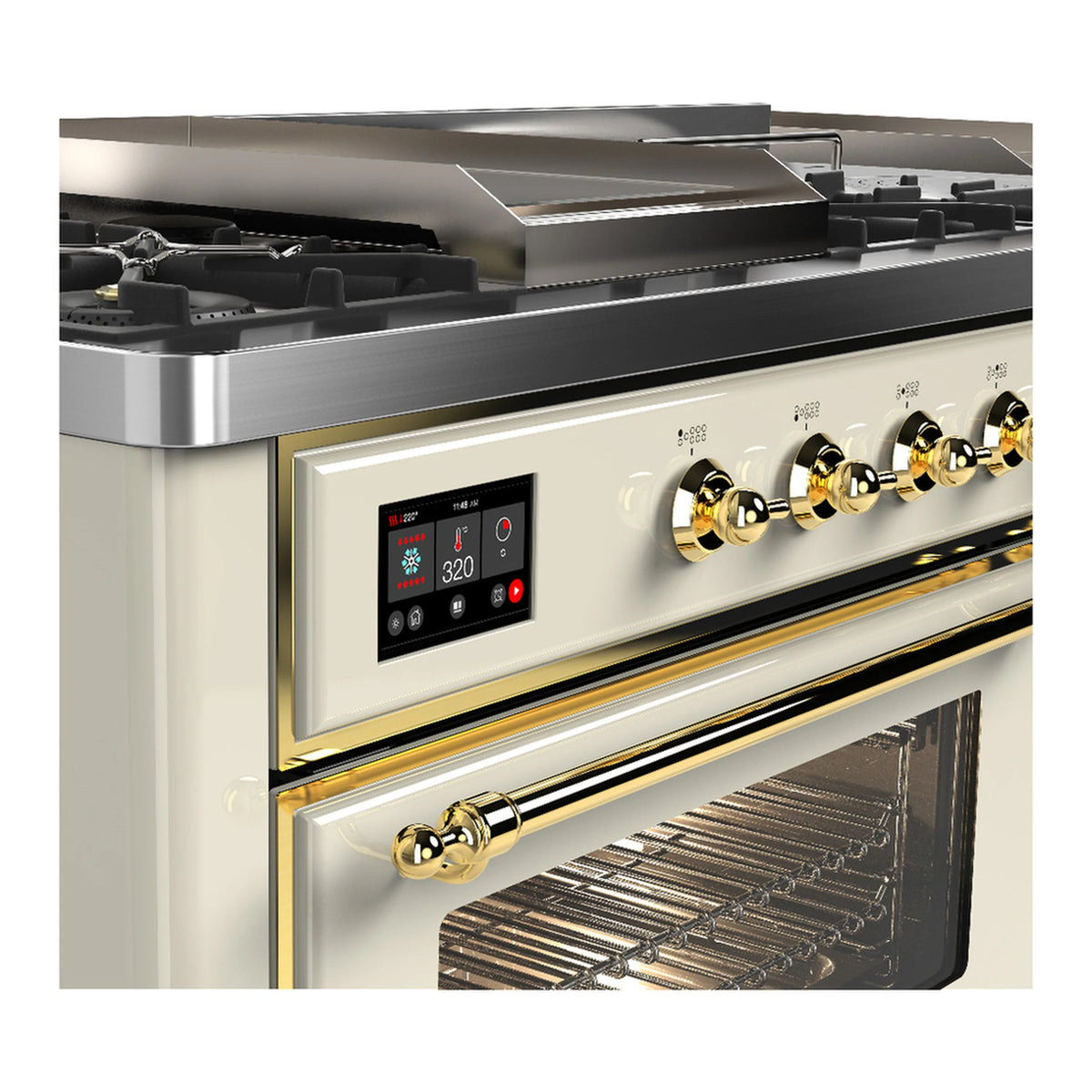 Dual fuel range control panel with brass trim; oven grill area visible through open door